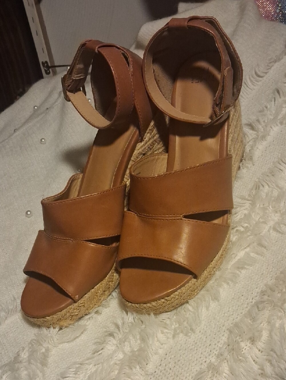 Time and Tru Brown Espadrille Wedge Sandals with Ankle Strap